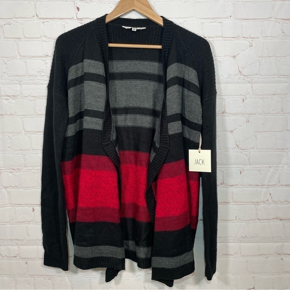 Jack Sweater Womens Size Large Black Red Gray Open Cardigan Striped Nwt